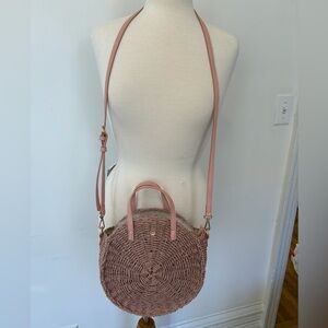 LC Lauren Conrad Round Woven Crossbody Bag Pink Straw Circle Purse Boho Chic